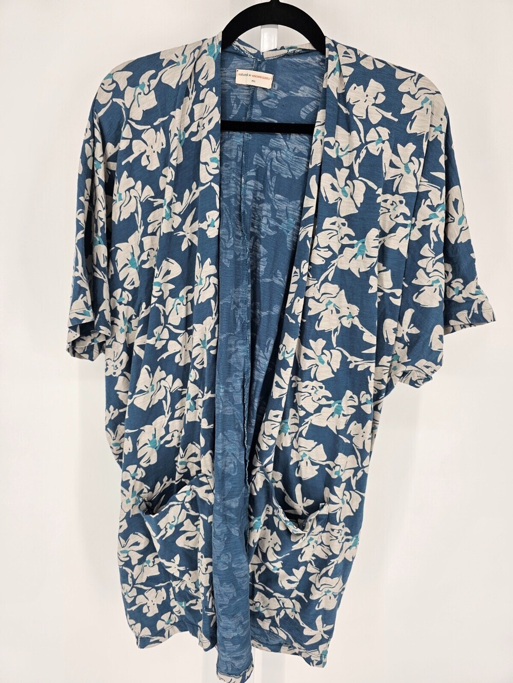 Natural by Known Supply Womens Sz M/L Short Sleeve Kimono Blue Cream Floral